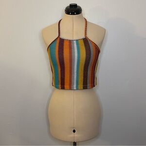 Sweet Rain Multicolor Striped Crochet Style Halter Crop Top, S